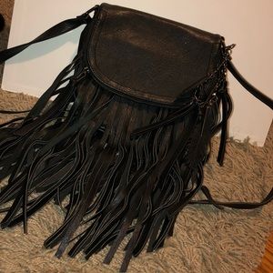 Black leather fringe crossbody bags